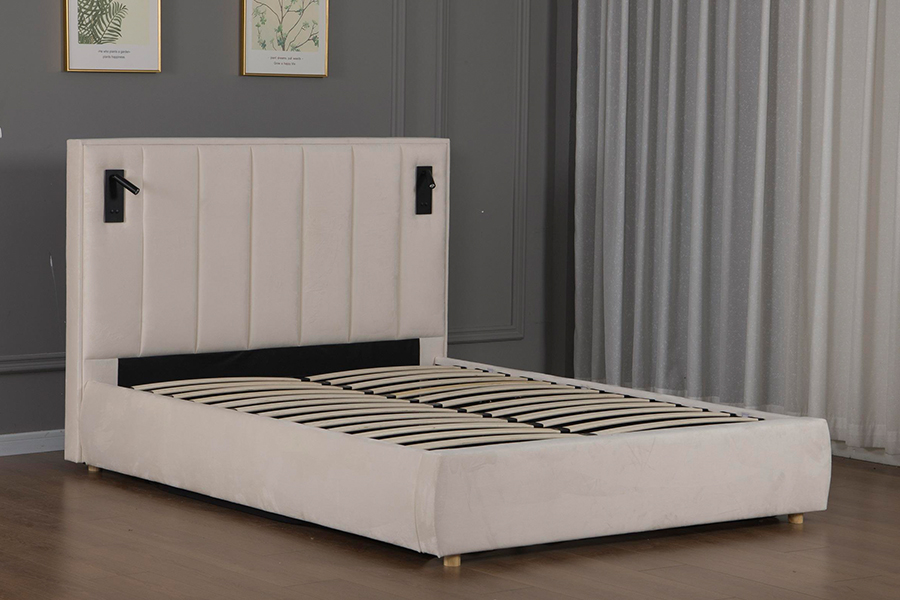 5033-1G Hydraulic Storage Modern Soft Beige Velvet LED Upholstered Bed Frame