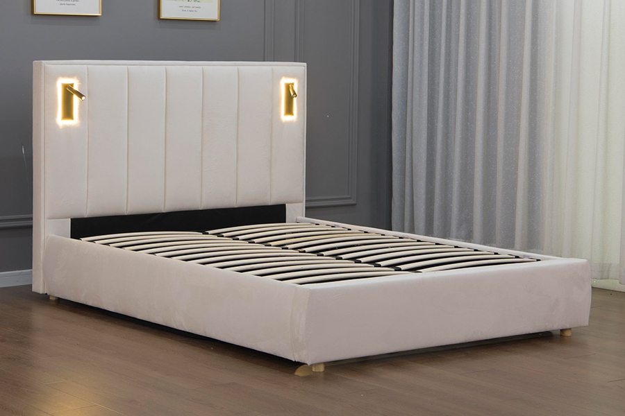 5033-1G Hydraulic Storage Modern Soft Beige Velvet LED Upholstered Bed Frame