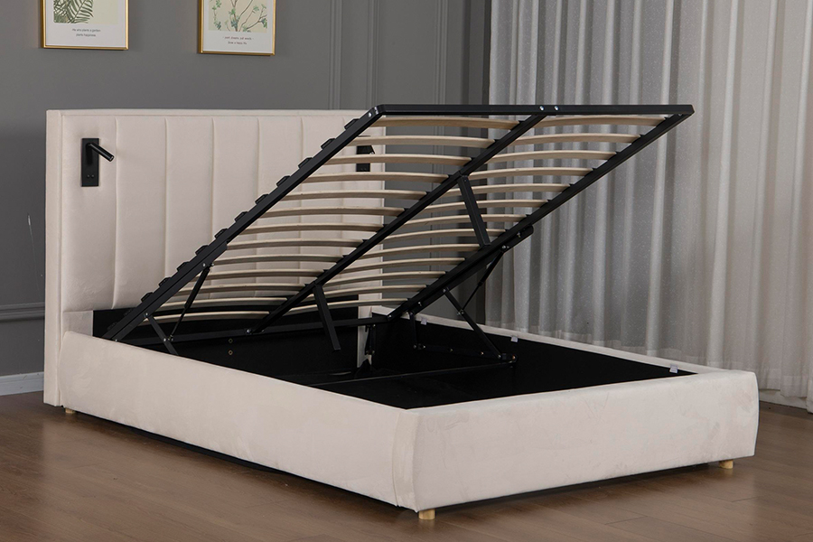 5033-1G Hydraulic Storage Modern Soft Beige Velvet LED Upholstered Bed Frame