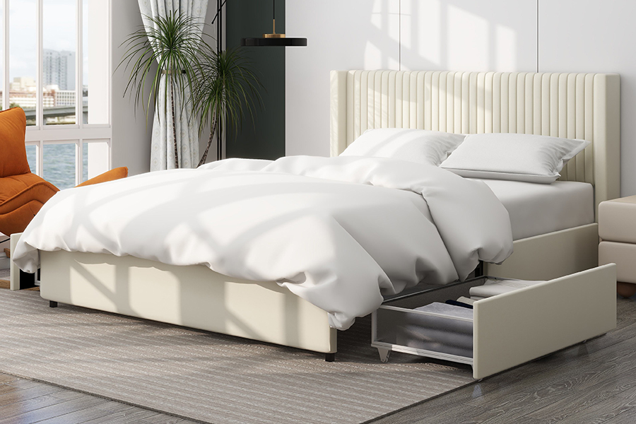 N18 Modern Beige Upholstered Soft Bed Adjustable Upholstered Storage Bed Frame