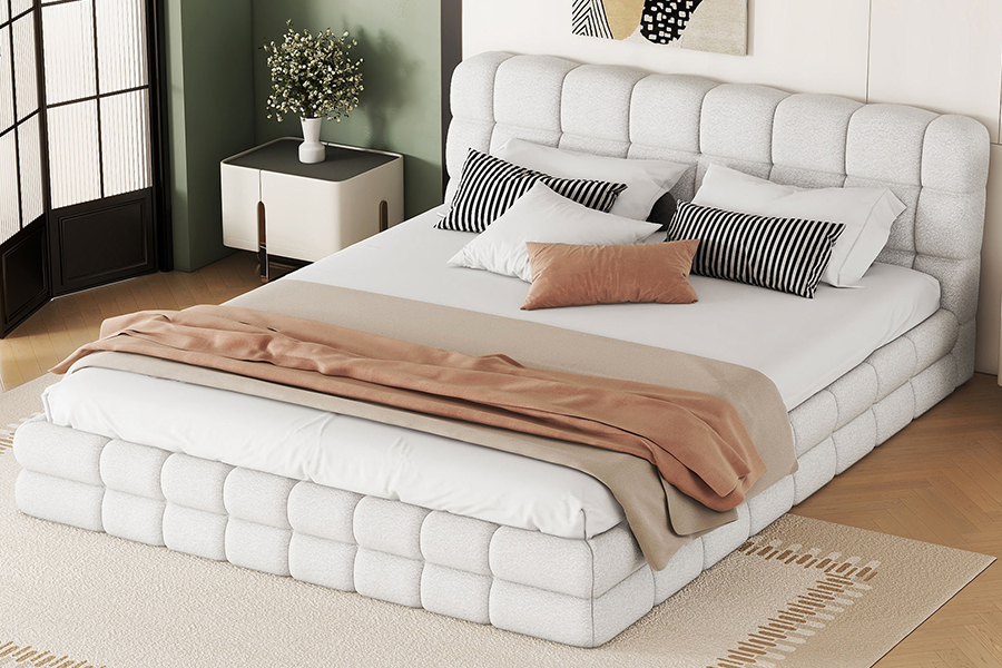 N20 Plush Teddy Fabric Adjustable Platform Bed Trundle Bunk Upholstered Bed Frame