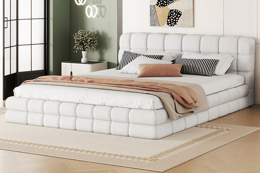 N20 Plush Teddy Fabric Adjustable Platform Bed Trundle Bunk Upholstered Bed Frame