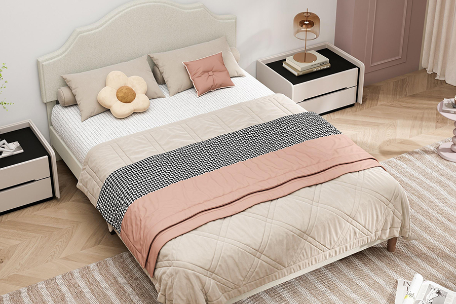 N21 High Quality Beige Fabric Reginae Size Upholstered Bed