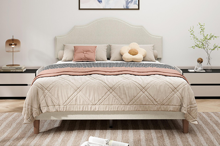 N21 High Quality Beige Fabric Reginae Size Upholstered Bed