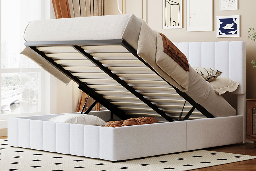 N5 White Fabric Eco-Friendly Durable Wood Frame Upholstered Storage Bed Frames