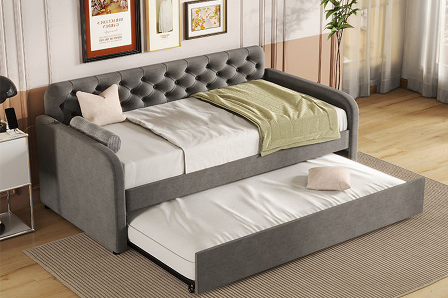 1323 Soft and Wooden Frame Trundle Bunk Upholstered Bed Frame
