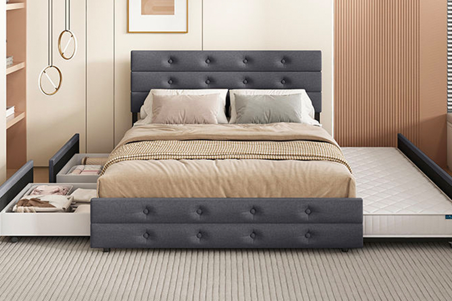 1323 Soft and Wooden Frame Trundle Bunk Upholstered Bed Frame