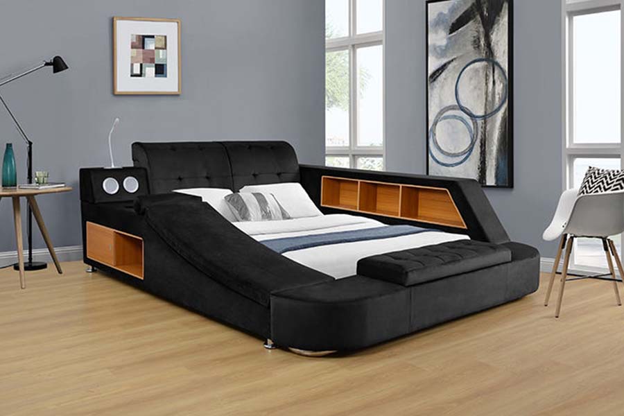 1550 Modern Double Leather Fabric Bed Upholstered Storage Bed Frame