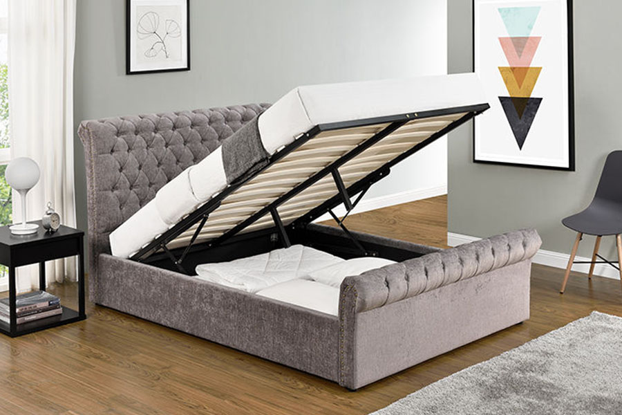 1208G Chesterfield Chenille-Velvet Sleigh Ottoman Repono Bed Frame