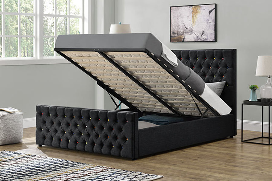 1308G Black-Fabric Luxuria Sleigh Button-Tufted Platform Gas Leva at Bed Frame