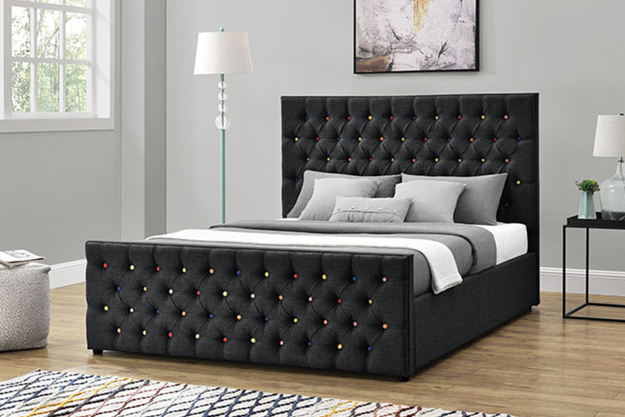 1308G Black-Fabric Luxuria Sleigh Button-Tufted Platform Gas Leva at Bed Frame
