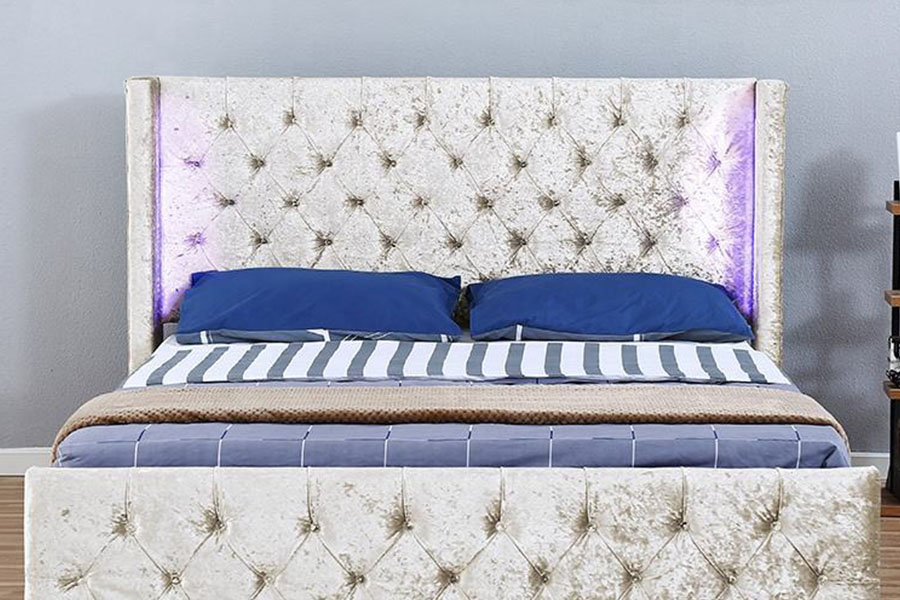 1290-1G Silver-Velvet LED Winged-Diamante Wooden Storage Bed Frame