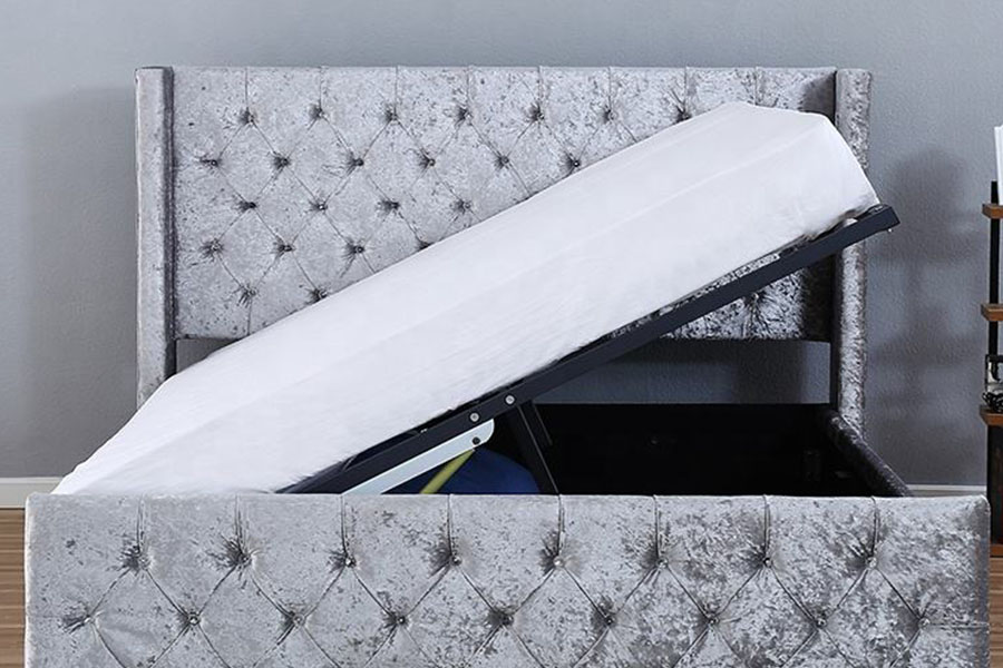 1290-1G Silver-Velvet LED Winged-Diamante Wooden Storage Bed Frame