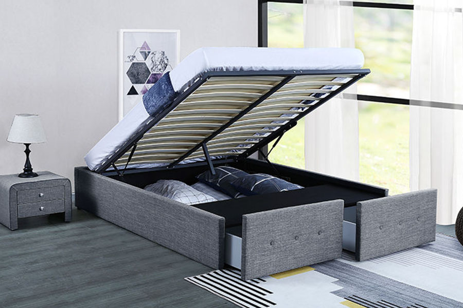 1326DG Gas-Lift Panel-Style Fabric Regina Storage Drawer Upholstered Bed Frame