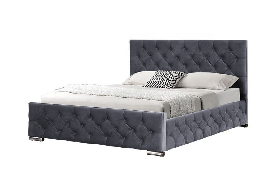 1253G Diamond-Tufted Gray Fabric Chrome-Leg Hydraulic Storage Bed Frame