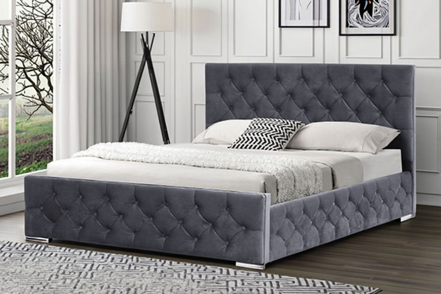 1253G Diamond-Tufted Gray Fabric Chrome-Leg Hydraulic Storage Bed Frame