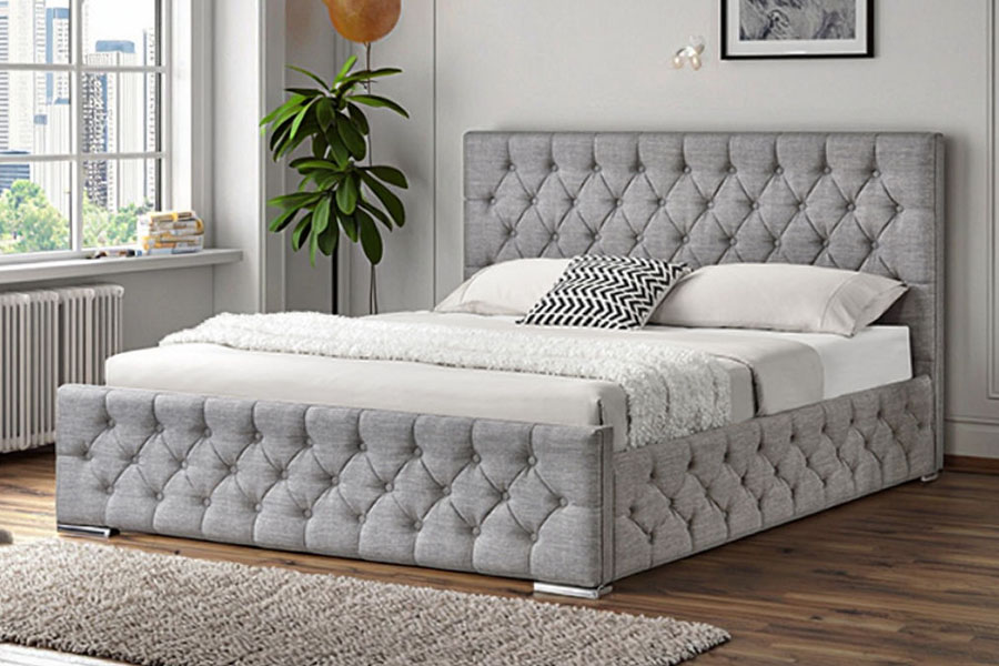 1253G Diamond-Tufted Gray Fabric Chrome-Leg Hydraulic Storage Bed Frame