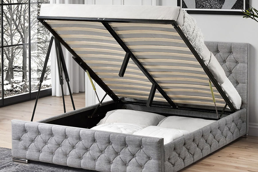 1253G Diamond-Tufted Gray Fabric Chrome-Leg Hydraulic Storage Bed Frame