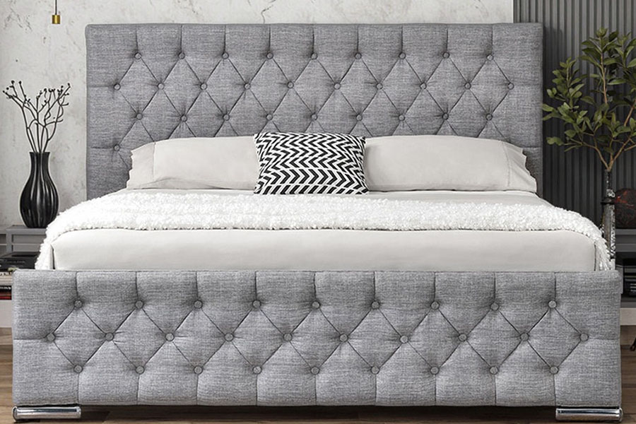 1253G Diamond-Tufted Gray Fabric Chrome-Leg Hydraulic Storage Bed Frame