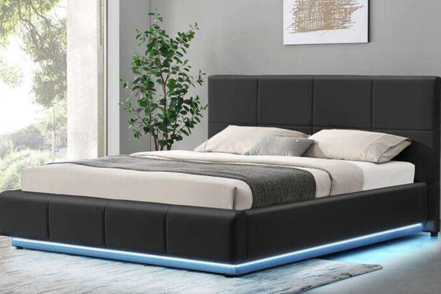 1239-1G White Faux-Leather Ottoman LED Double Upholstered Bed Frame